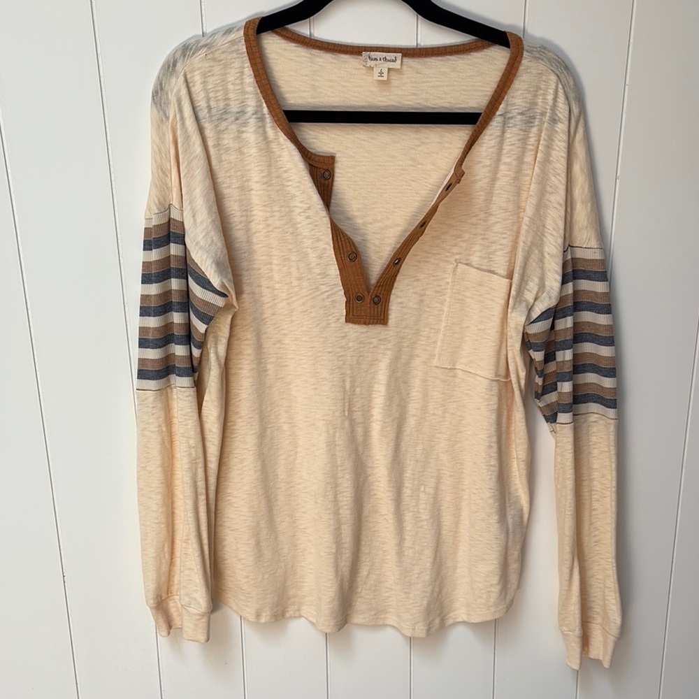3 FOR $30!! Bundle! Hem & Thread Cream and Brown cotton knit v neck  Henley L